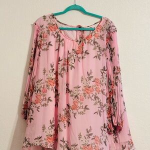 LC Lauren Conrad Pink Floral Pleated-Sleeve Tunic Top